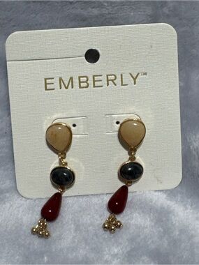Emberly Gold-Tone Beige, Black & Red Drop Earrings